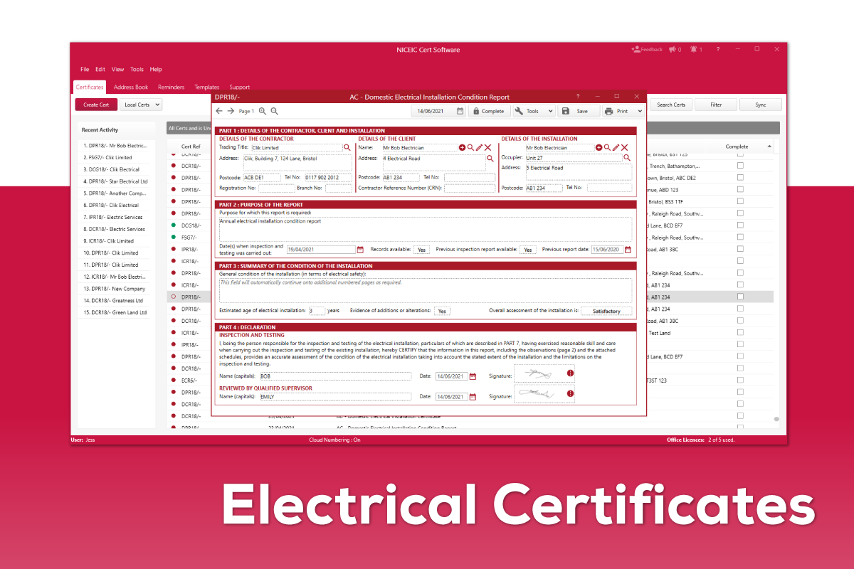screenshot of NICEIC Cert Software